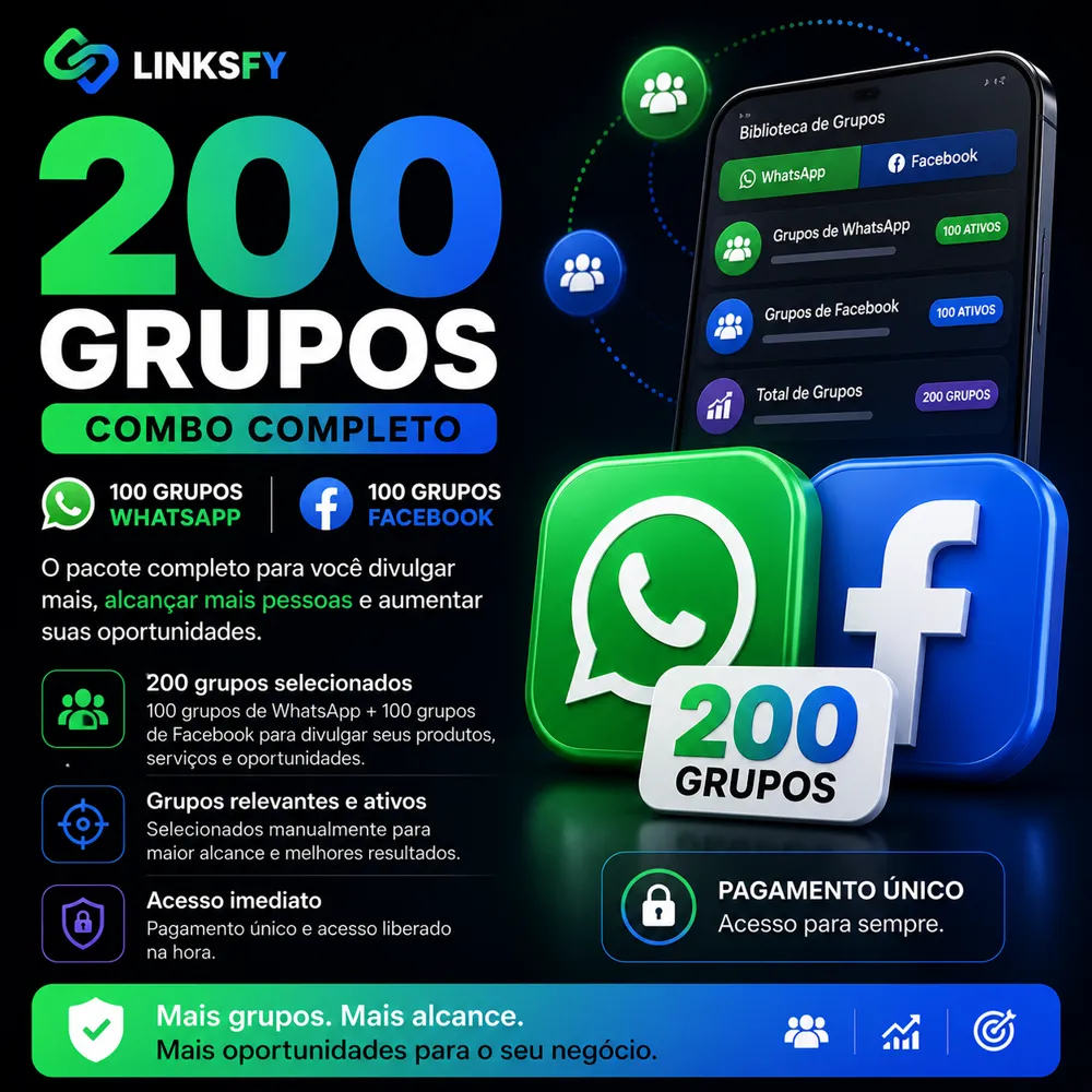 Arte do combo com 200 grupos de WhatsApp e Facebook